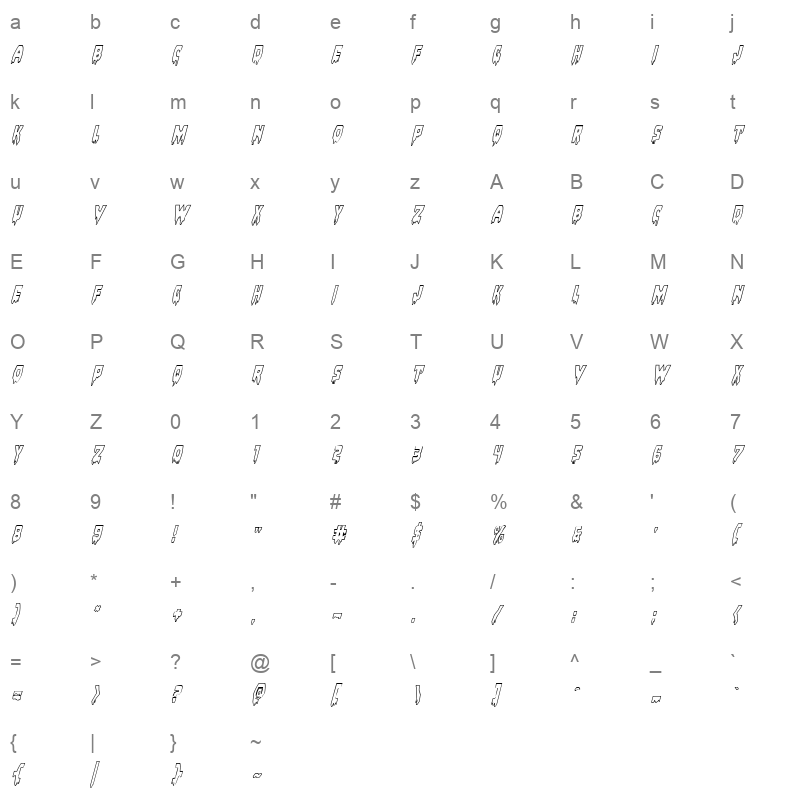bloodlust outline italic Character Map