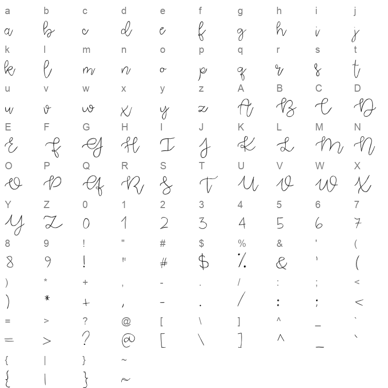 blooming elegant script medium Character Map