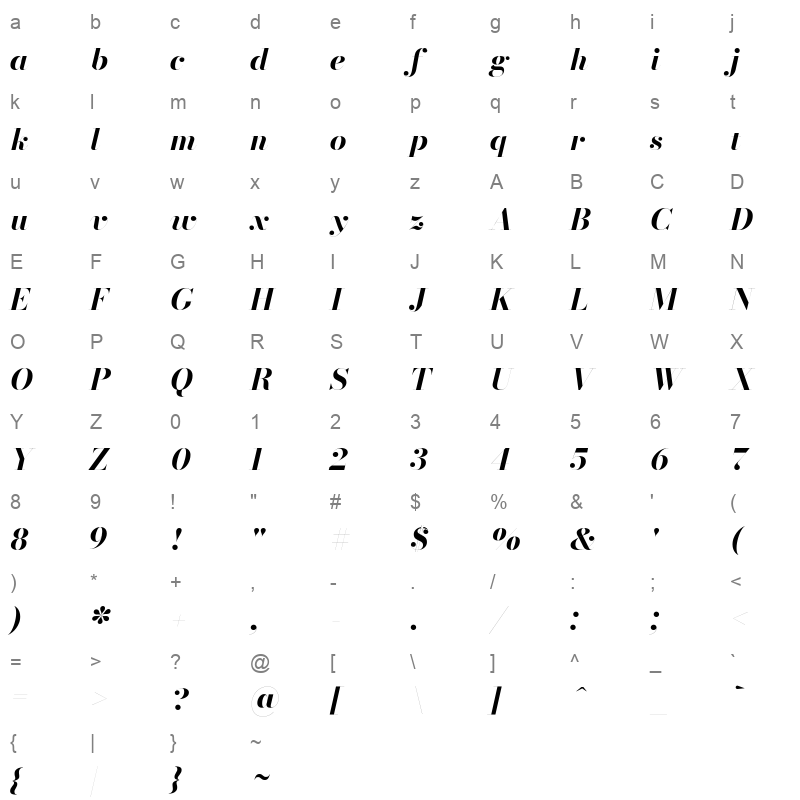 bodoni 72 bold italic Character Map