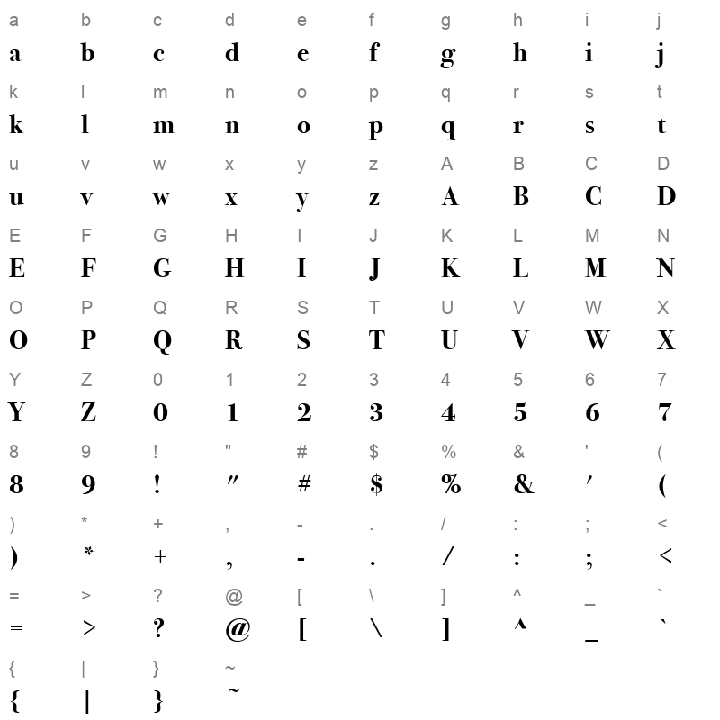 bodoni 72 bold Character Map