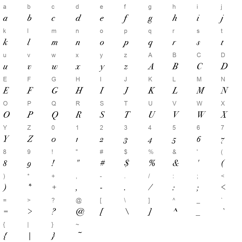 bodoni 72 oldstyle book italic Character Map