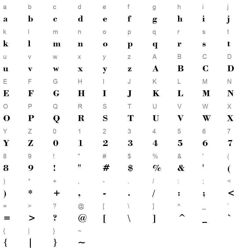 bodoni bold bt Character Map