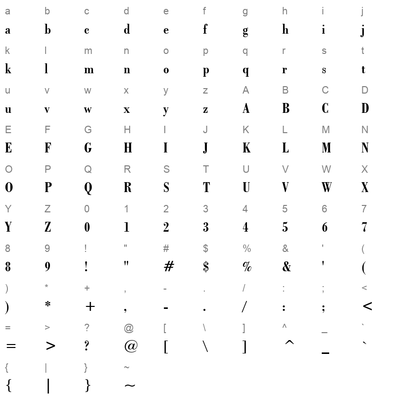 bodoni bold condensed bt Character Map