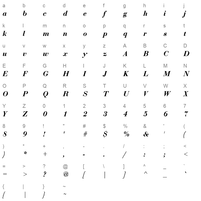 bodoni bold italic 2 Character Map
