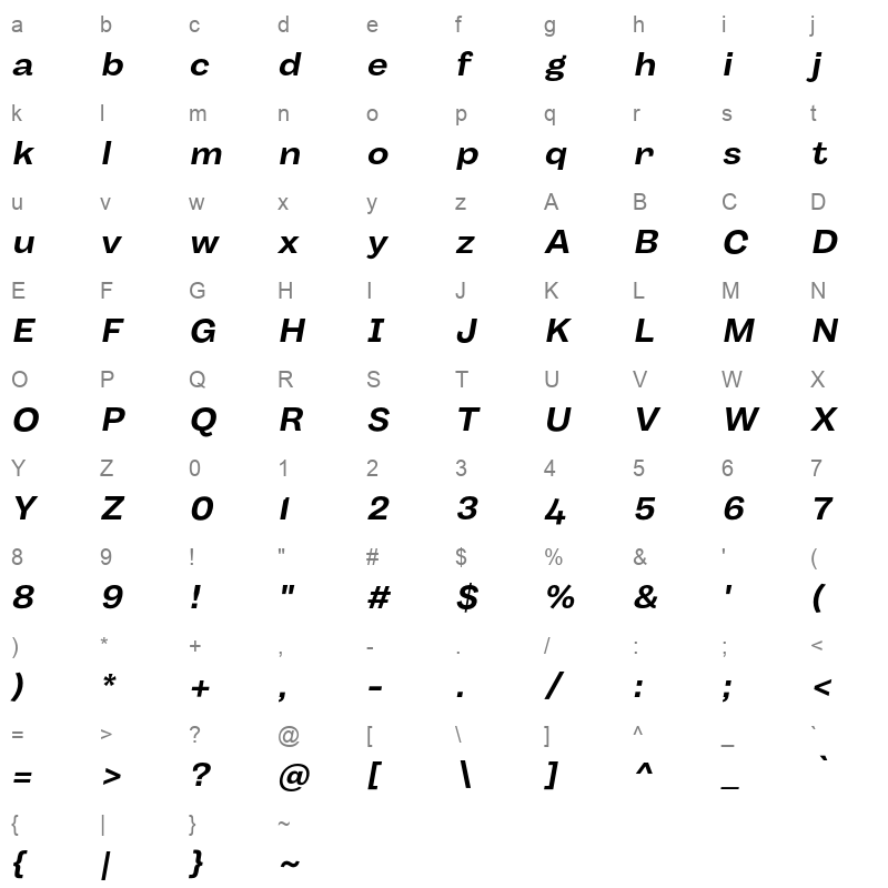 body grotesque fit bold italic Character Map