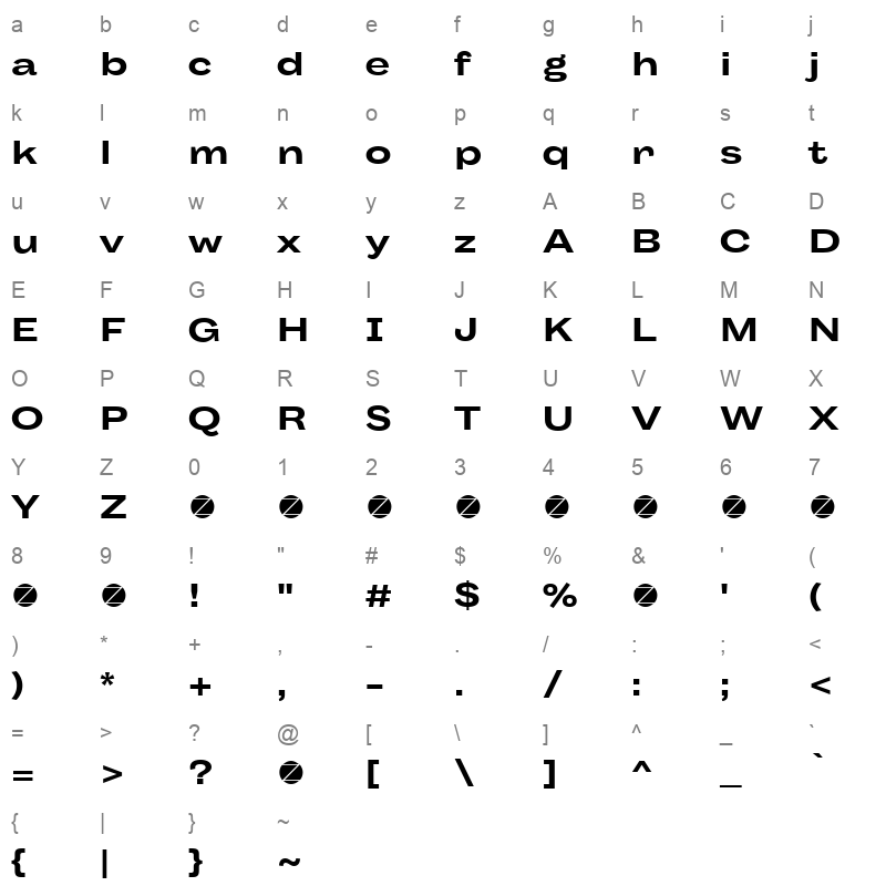 body grotesque large bold Character Map