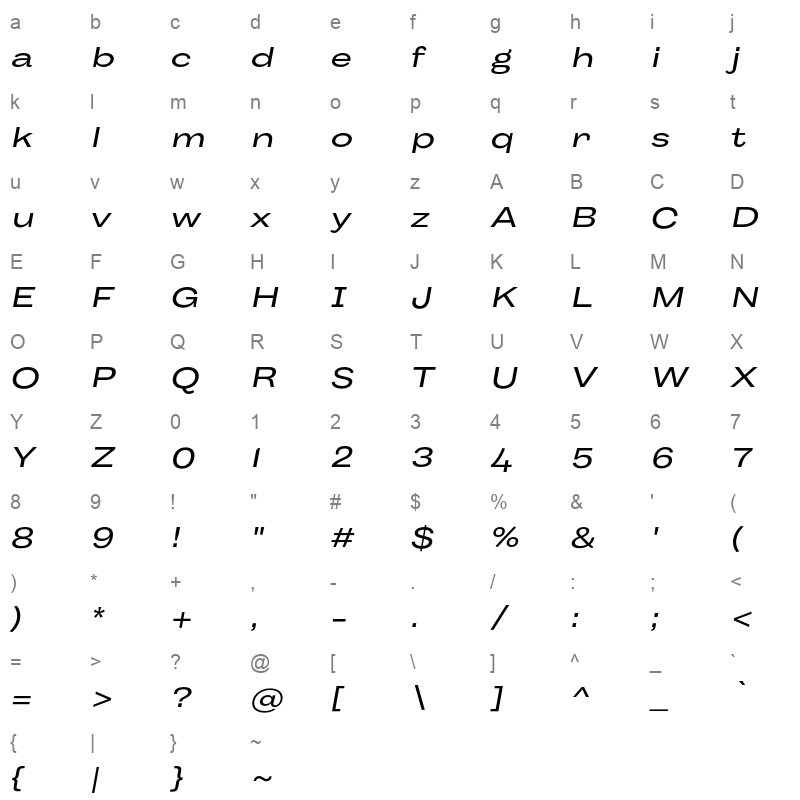 body grotesque large italic Character Map