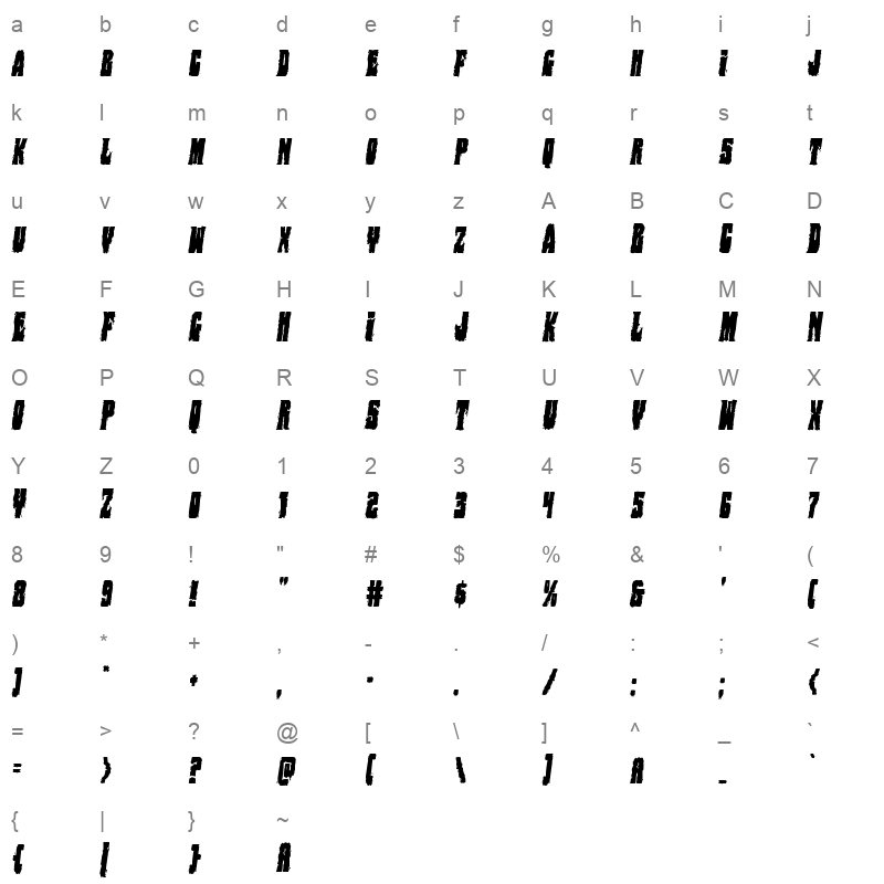 bog beast condensed italic Character Map