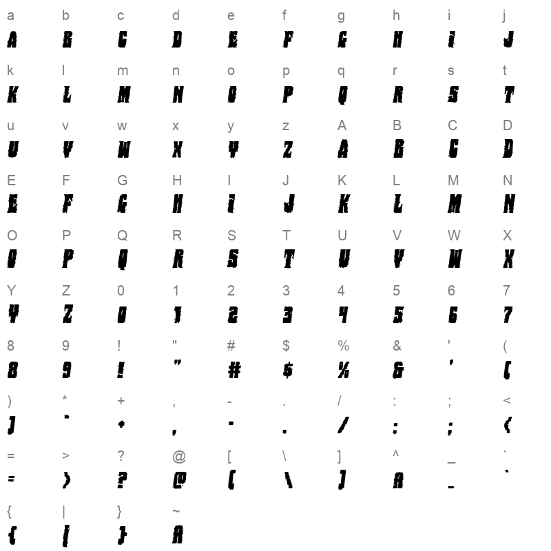 bog beast italic Character Map