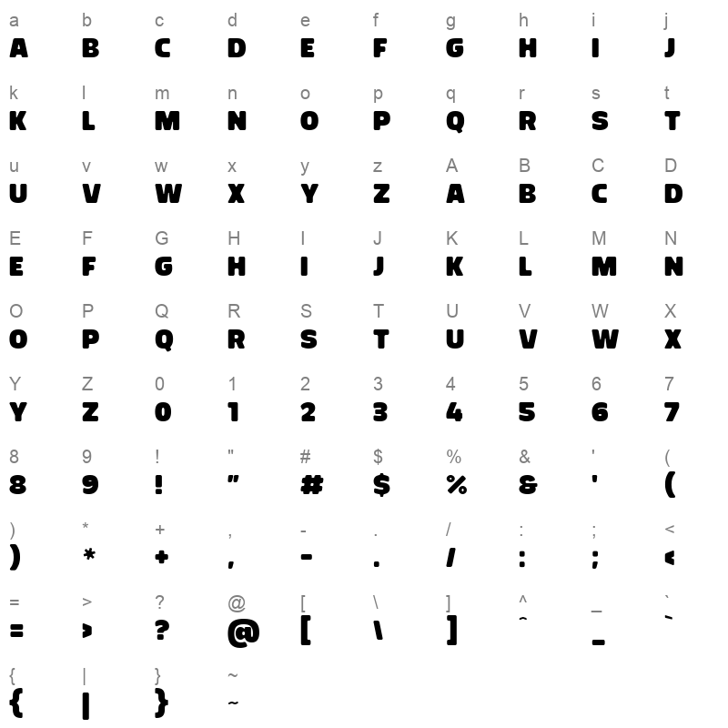 Bolota Bold Character Map