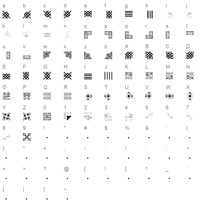 Borderbats Filligree Regular Character Map