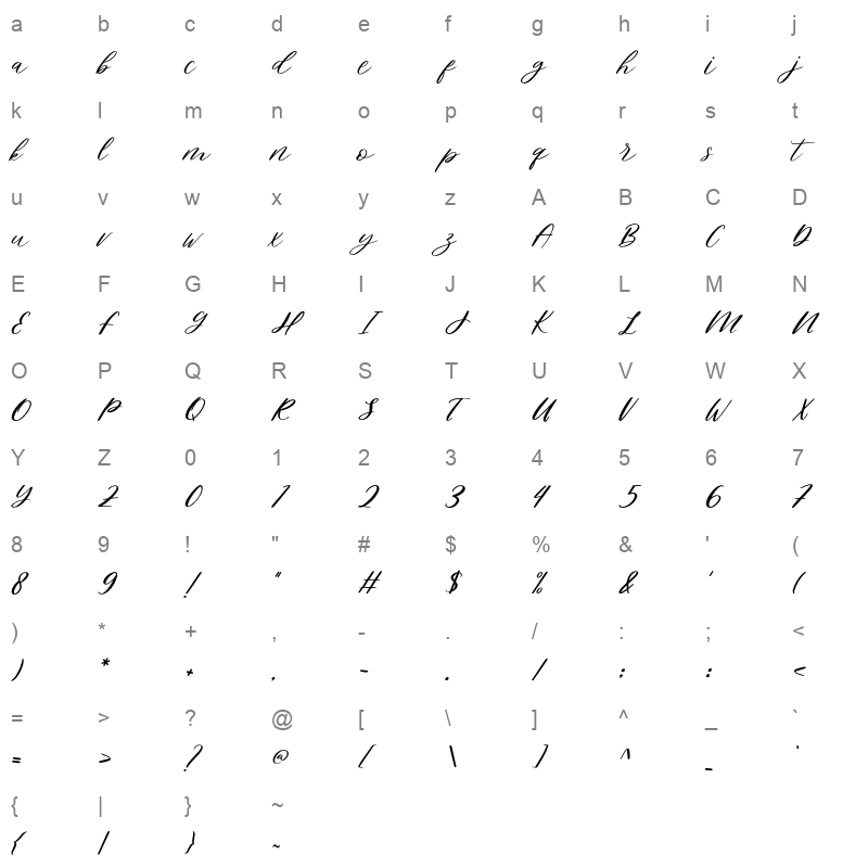 Bready Italic otf Character Map