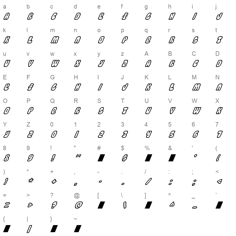 Bubblez Graffiti Italic Character Map