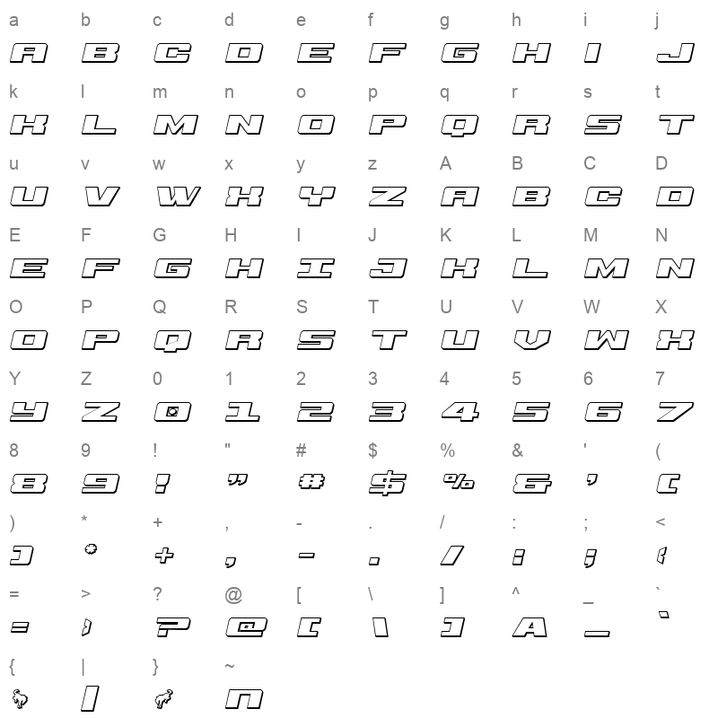 buckinbronc 3d ital Character Map