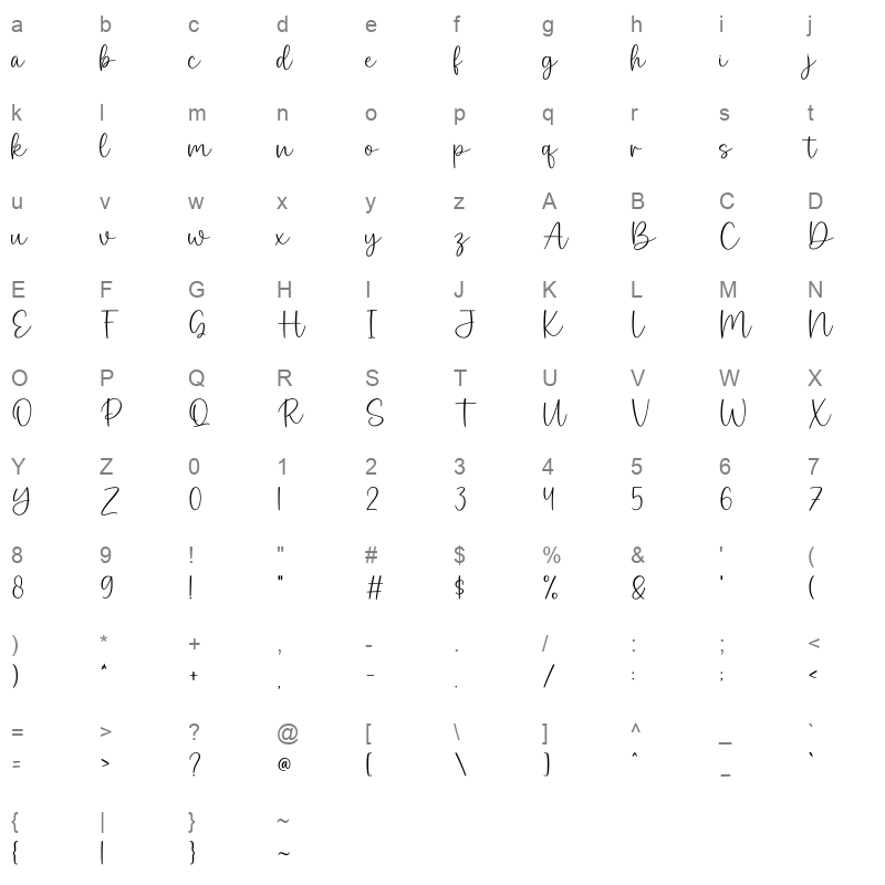 Callista OTF Character Map