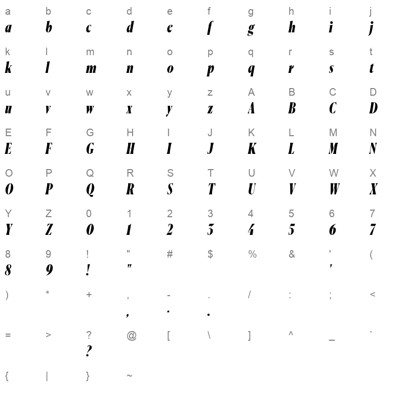 CanelaCondensed BlackItalic Trial Character Map