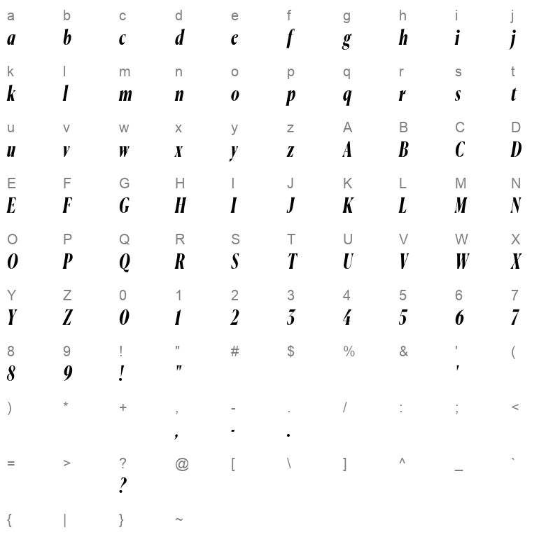 CanelaCondensed BoldItalic Trial Character Map