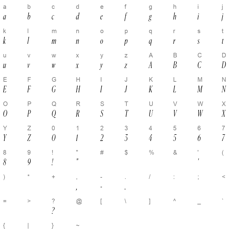 CanelaCondensed LightItalic Trial Character Map