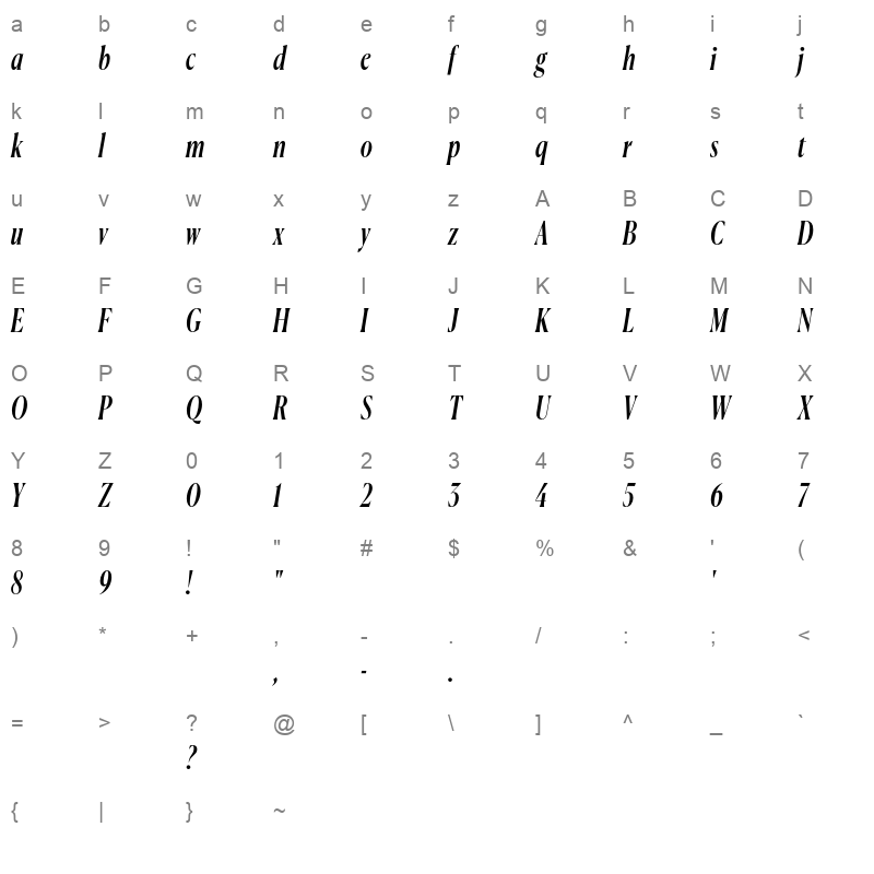 CanelaCondensed MediumItalic Trial Character Map
