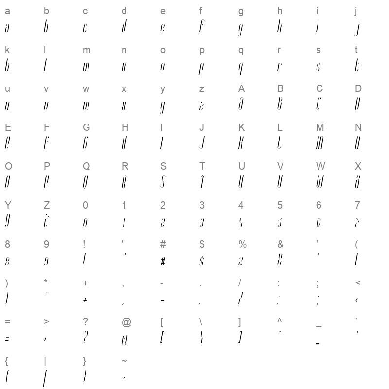 Coco Condensed Italic Character Map