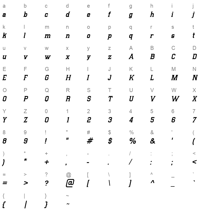 College Clean Italic Character Map
