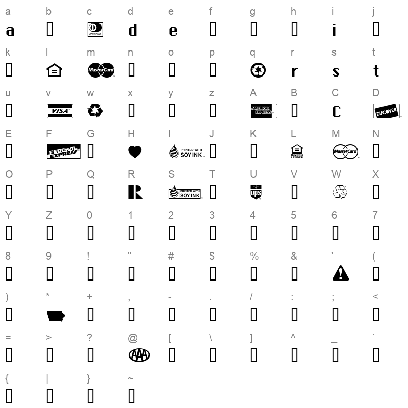 Credit Cards Regular Character Map