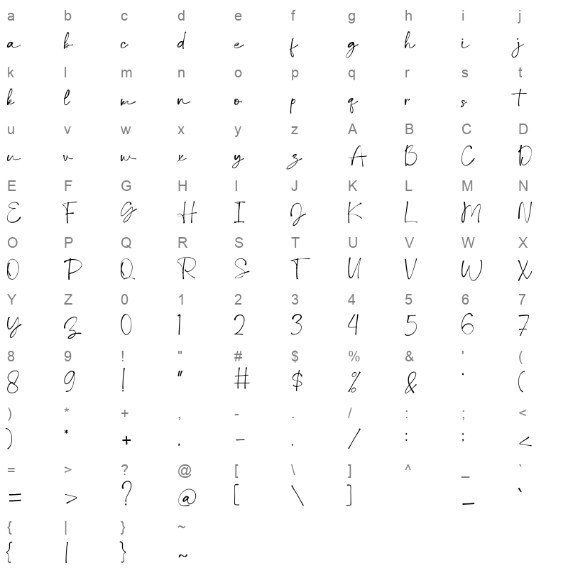 Debora Celina Script Character Map