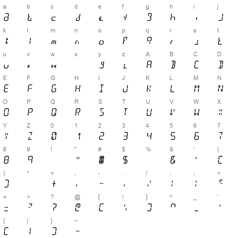 DigitTech14 Italic Character Map