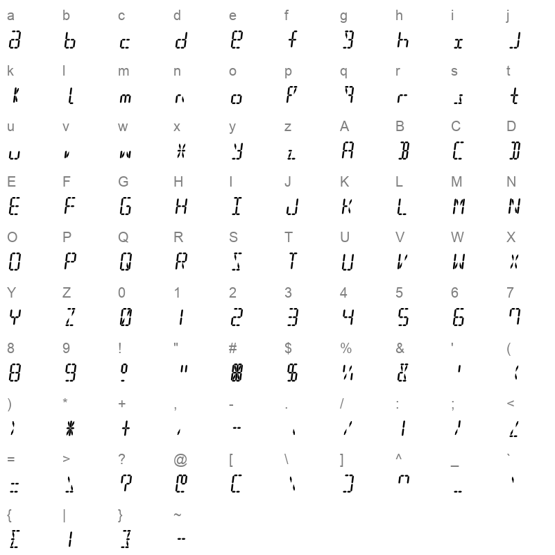 DigitTech16 Italic Character Map