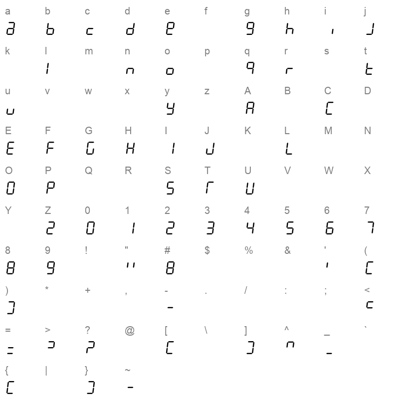 DigitTech7 Italic Character Map