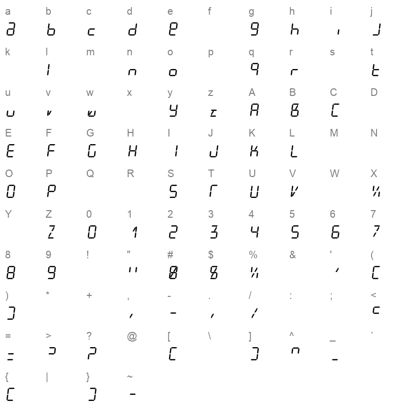 DigitTech9 Italic Character Map