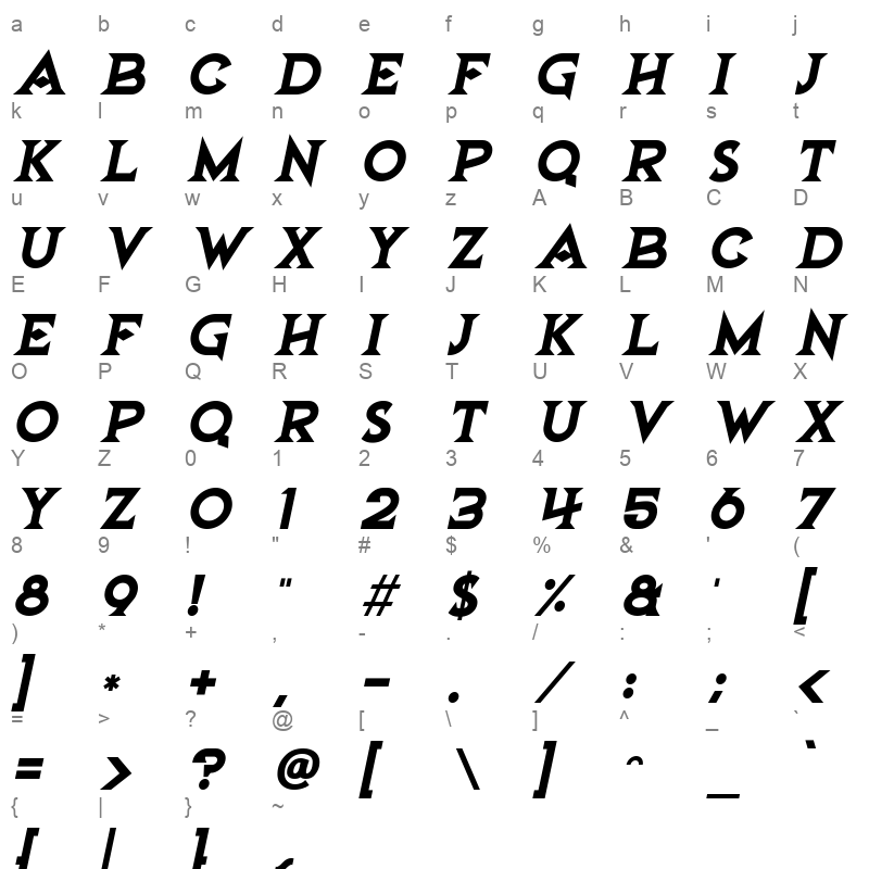 Dungeon Depths Italic Character Map