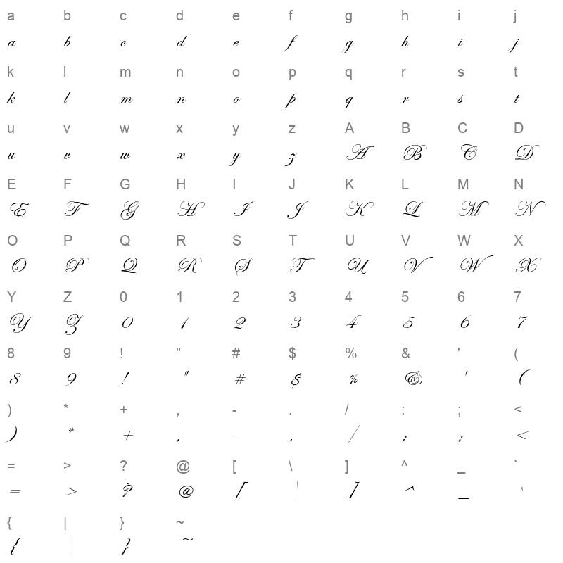 Edwardian Script ITC Regular Character Map