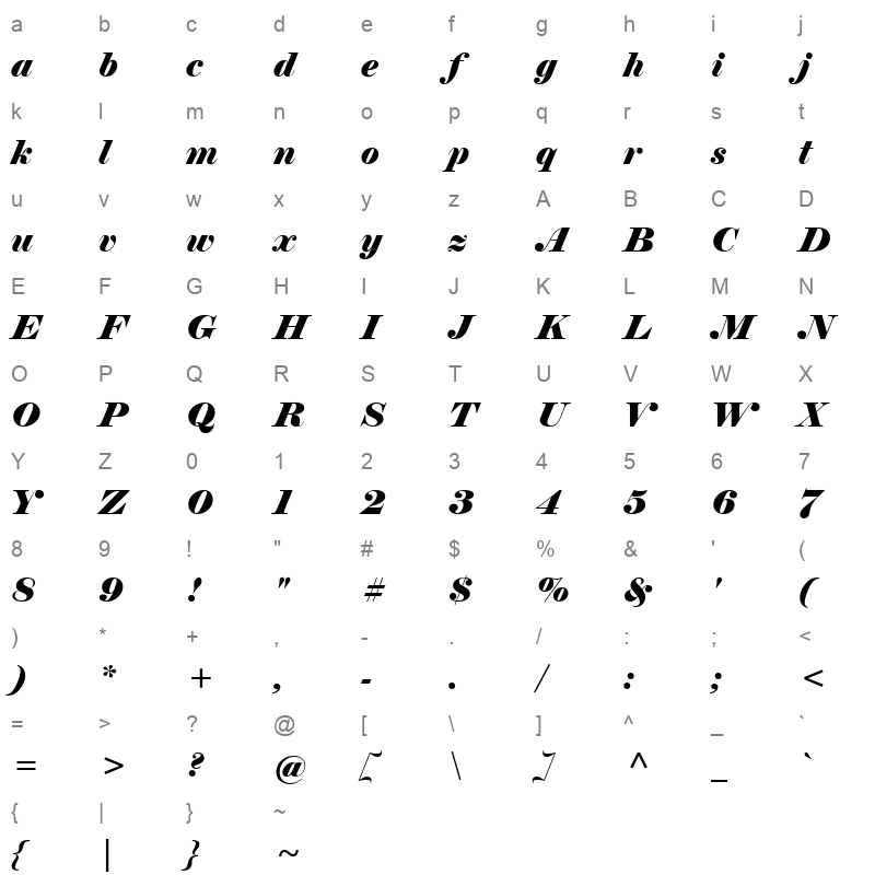 Elephant Italic Character Map