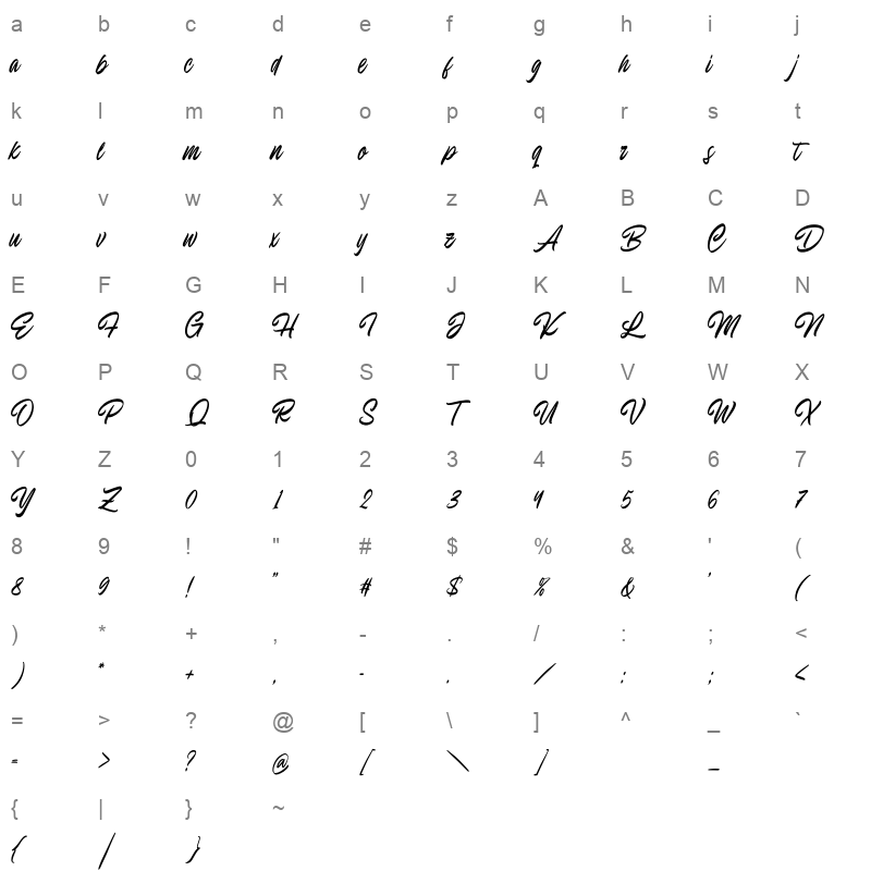 EndelineScript Regular otf Character Map