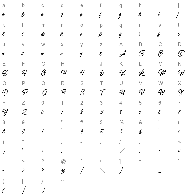 EndelineScript Regular woff Character Map