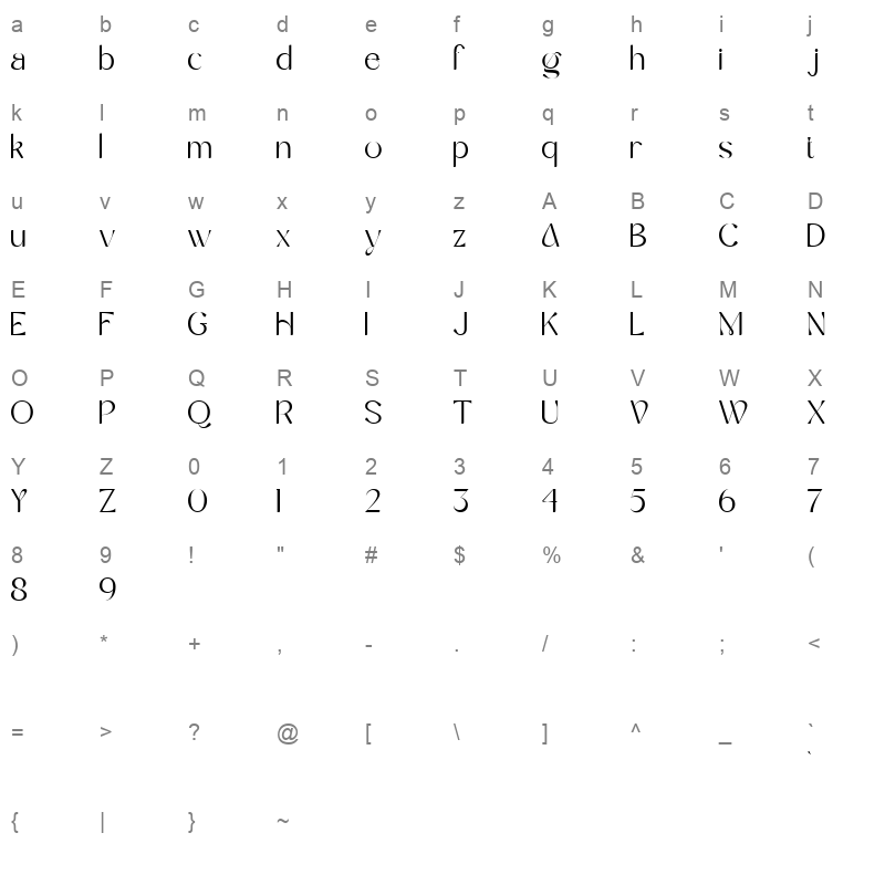 Eulogy ExtraLight Character Map