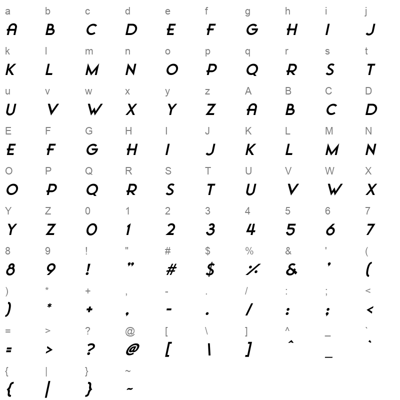 Film Noir Adventure Italic Character Map