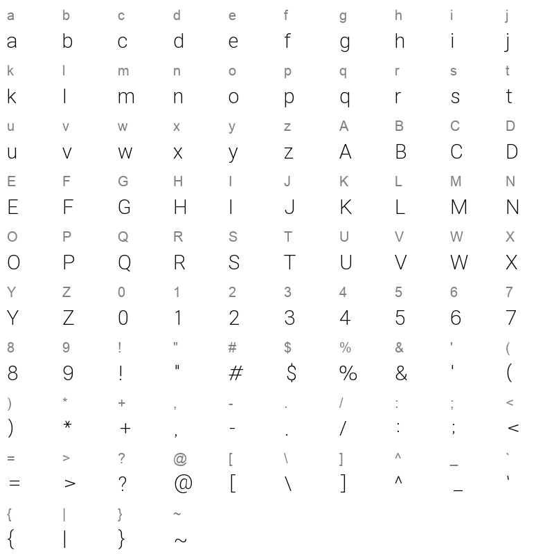 Freesentation 2ExtraLight Character Map