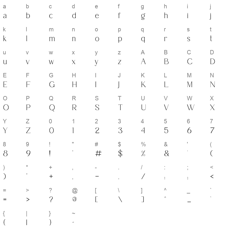 Garelina Medium Character Map