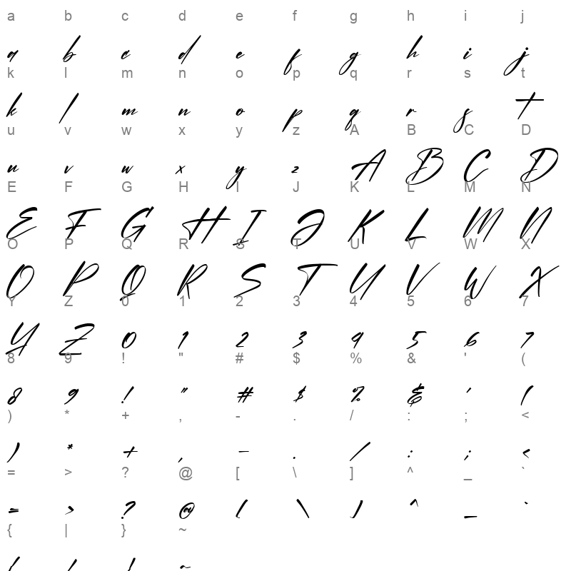 Gesturally Italic Character Map