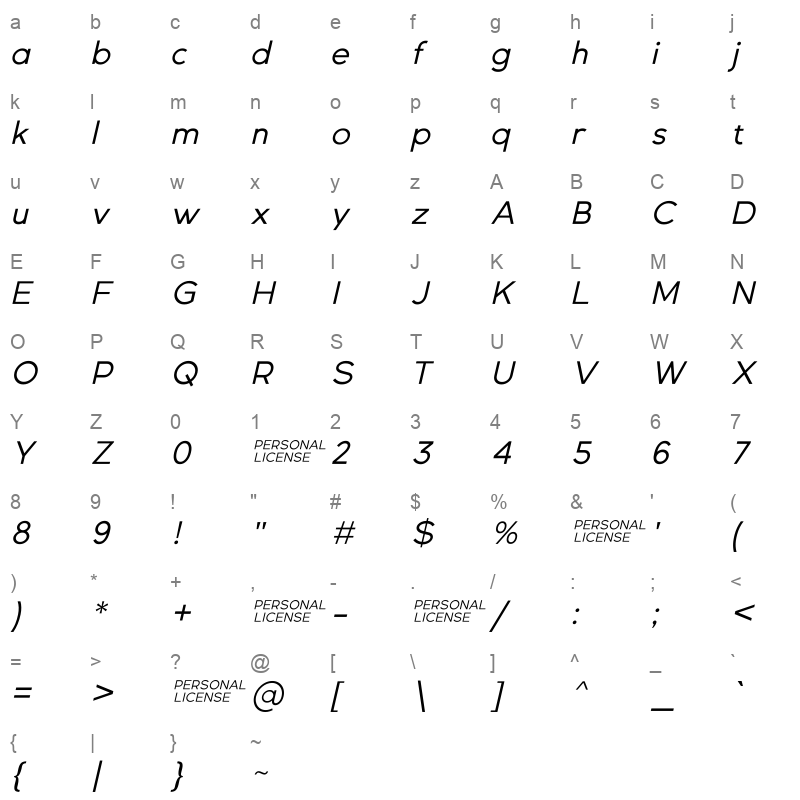 GexoSans Italic Character Map