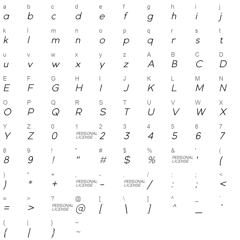GexoSans LightItalic Character Map