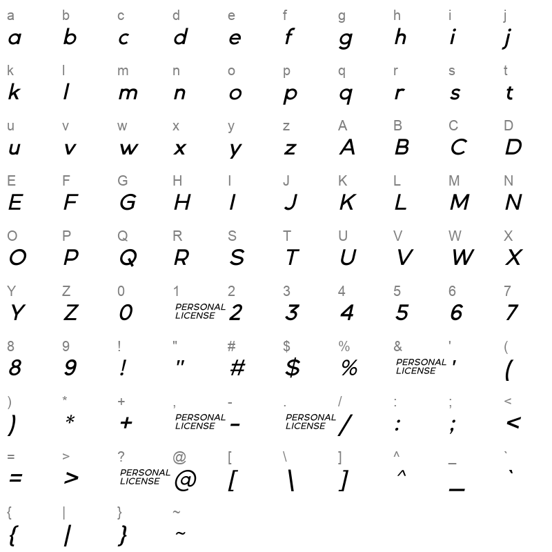 GexoSans MediumItalic Character Map