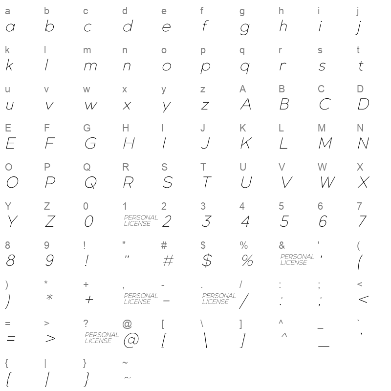 GexoSans ThinItalic Character Map