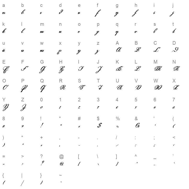 GL GermanCursive Character Map