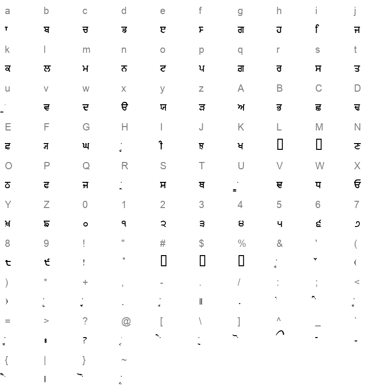 Gurmukhi IIGS Regular Character Map