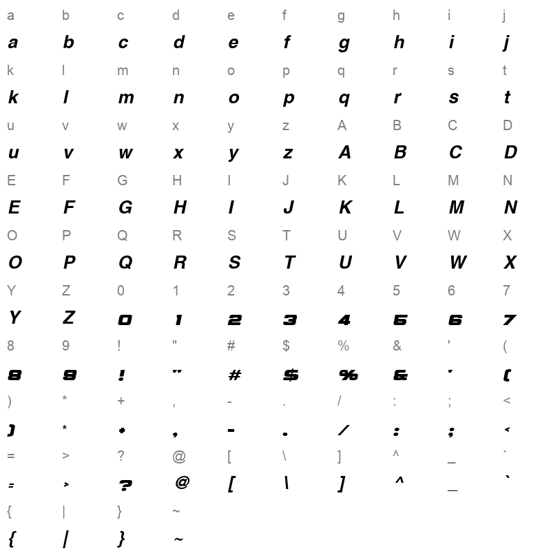 Hacen Extender X Slant Character Map