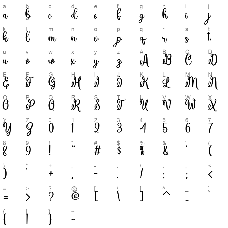 Handbag OTF Character Map