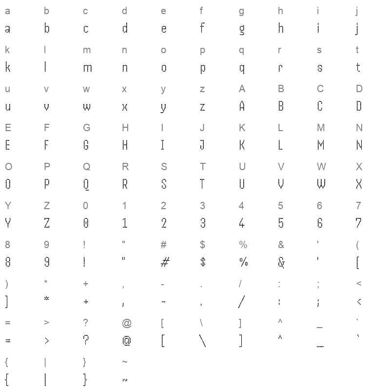 Handjet ExtraLight Character Map